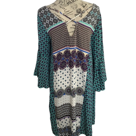 Umgee Boho Mini Dress Multicolor Bell sleeves open back women’s size medium - Picture 6 of 11